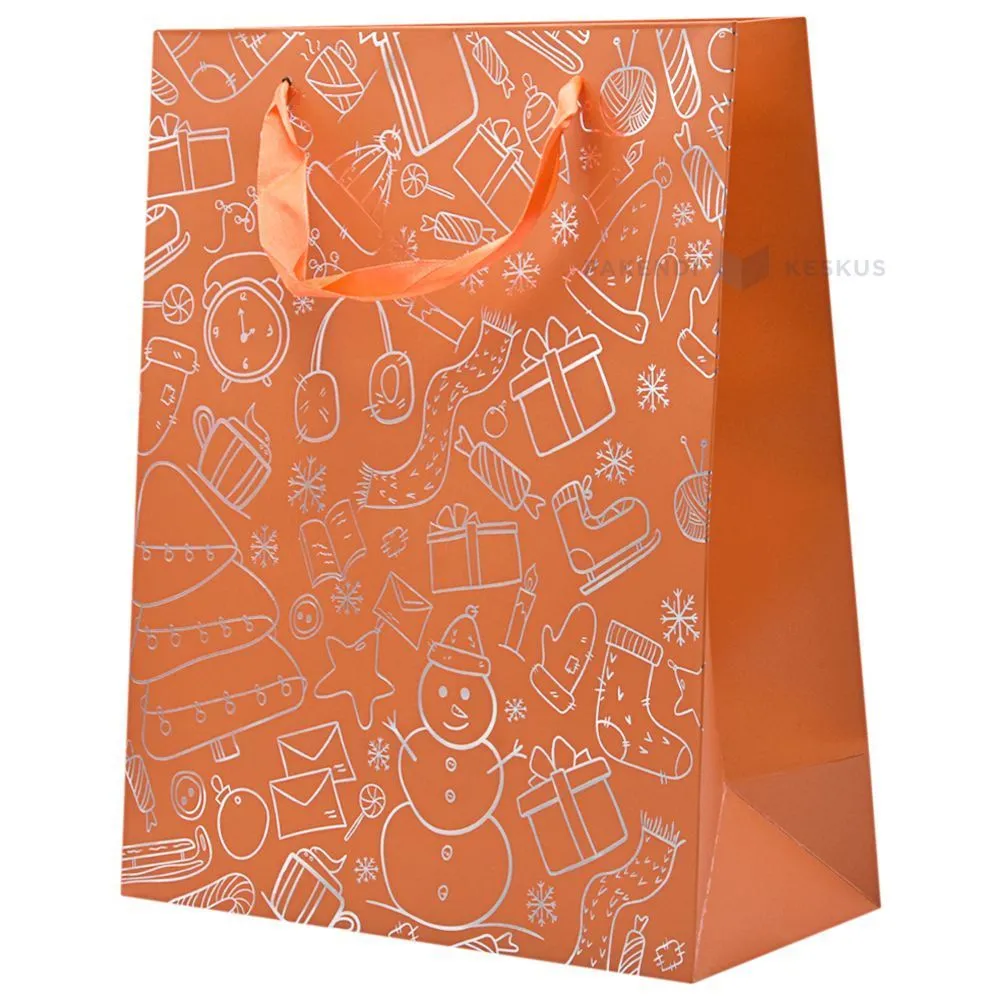 Silvery presents, socks, skates and snowman print orange paper bag with ribbon handles 26+12x32cm