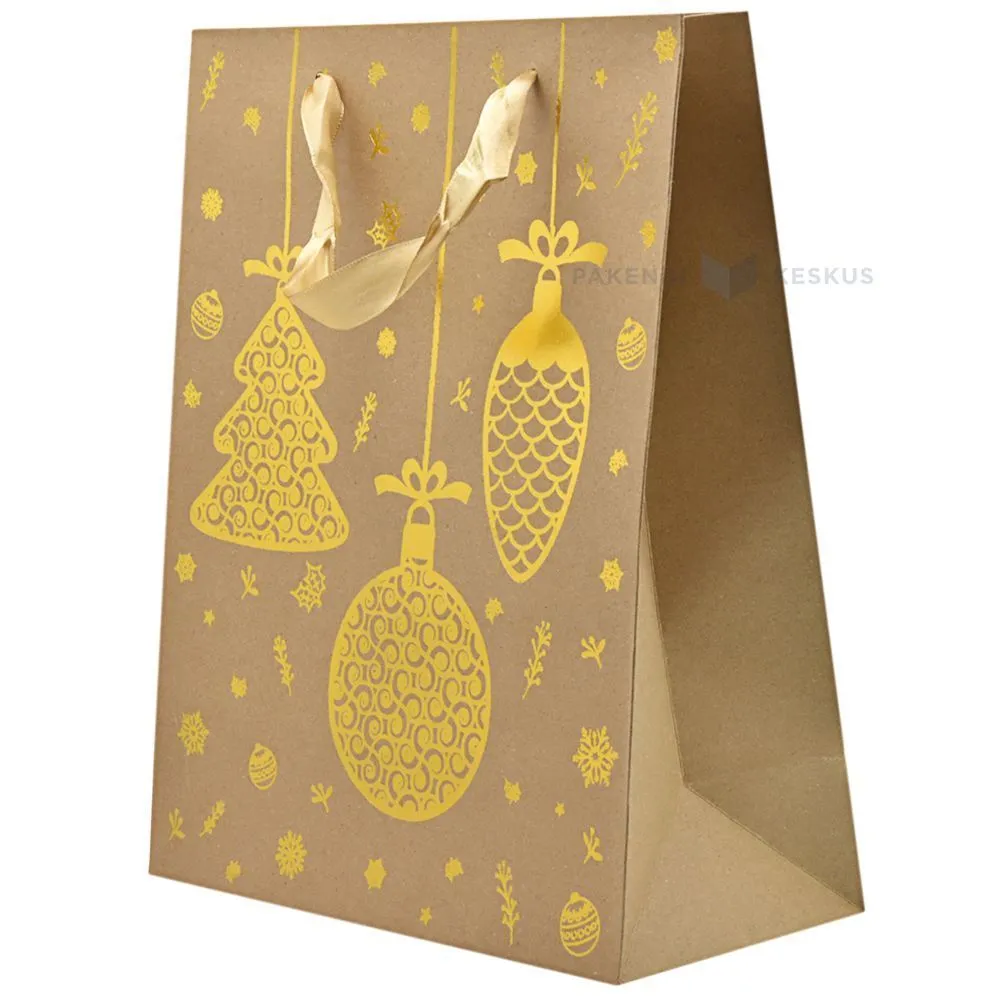 Hanging golden Christmas ornaments print craft paper bag with ribbon handles 26+12x32cm
