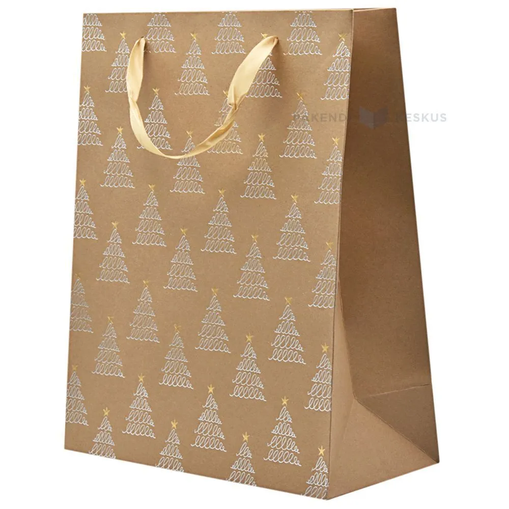 Silvery striped trees print brown paper bag with ribbon handles 26+12x32cm