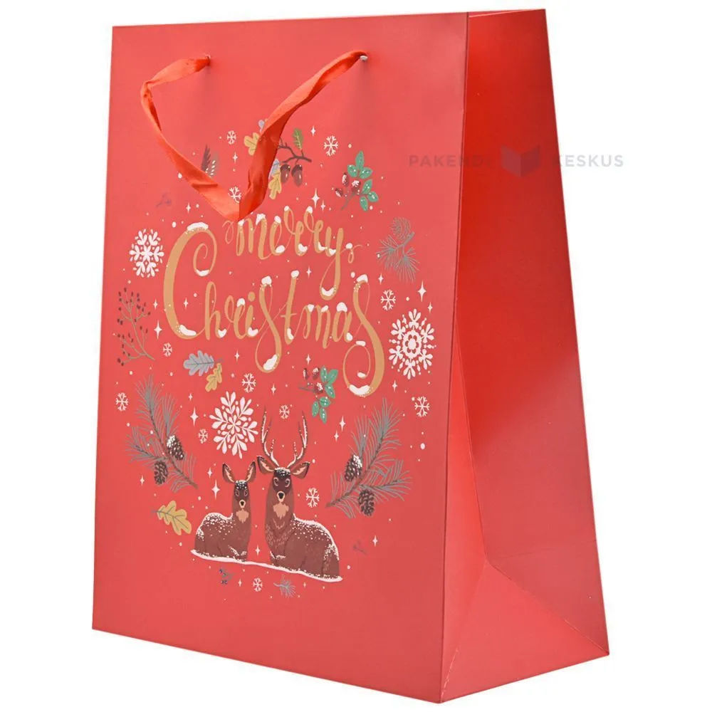 Deer lying down print red paper bag with ribbon handles 26+12x32cm