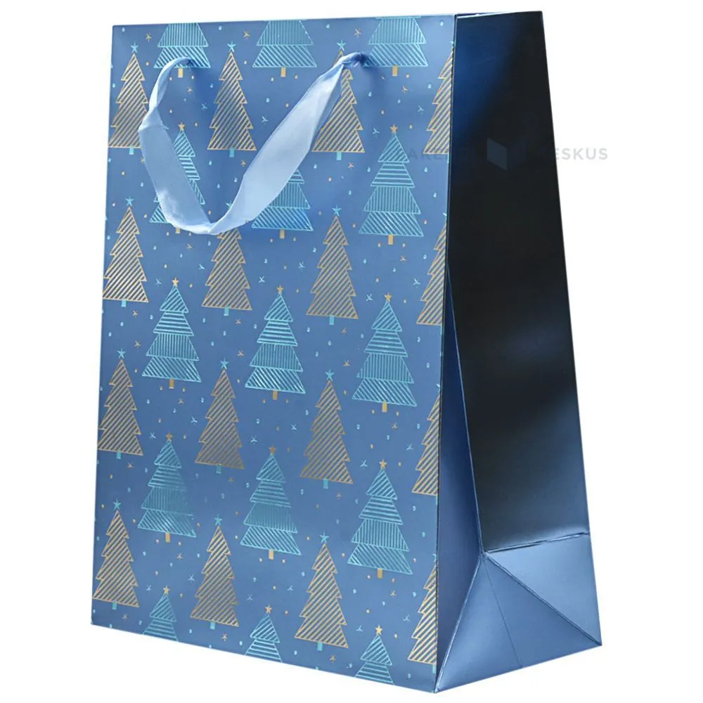 Golden and blue striped trees print blue paper bag with ribbon handles 26+12x32cm