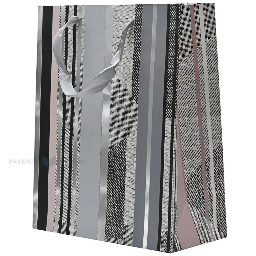 Different types of stripes paper bag with ribbon handles 26+12x32cm