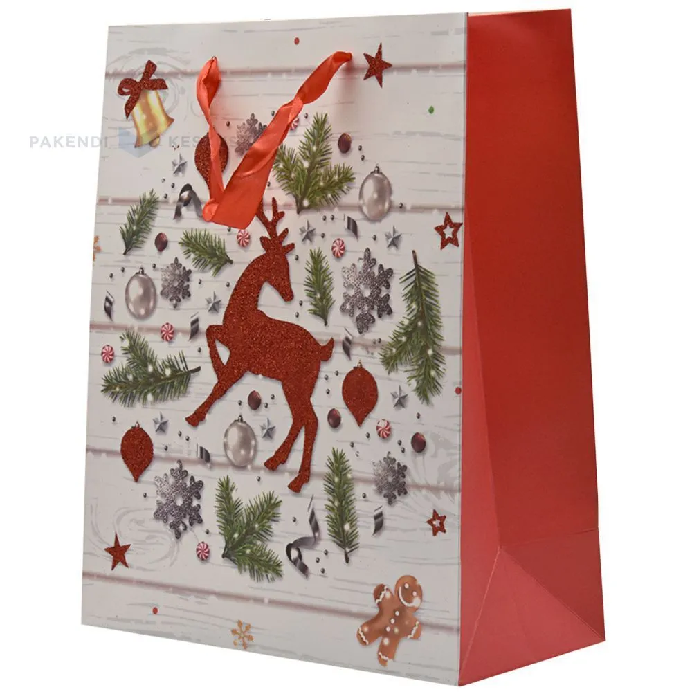 Red deer and tree branches print paper bag with ribbon handles 26+12x32cm