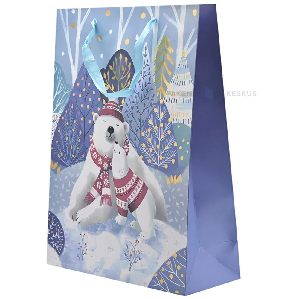 Mama and cub polar bear print paper bag with ribbon handles 26+12x32cm