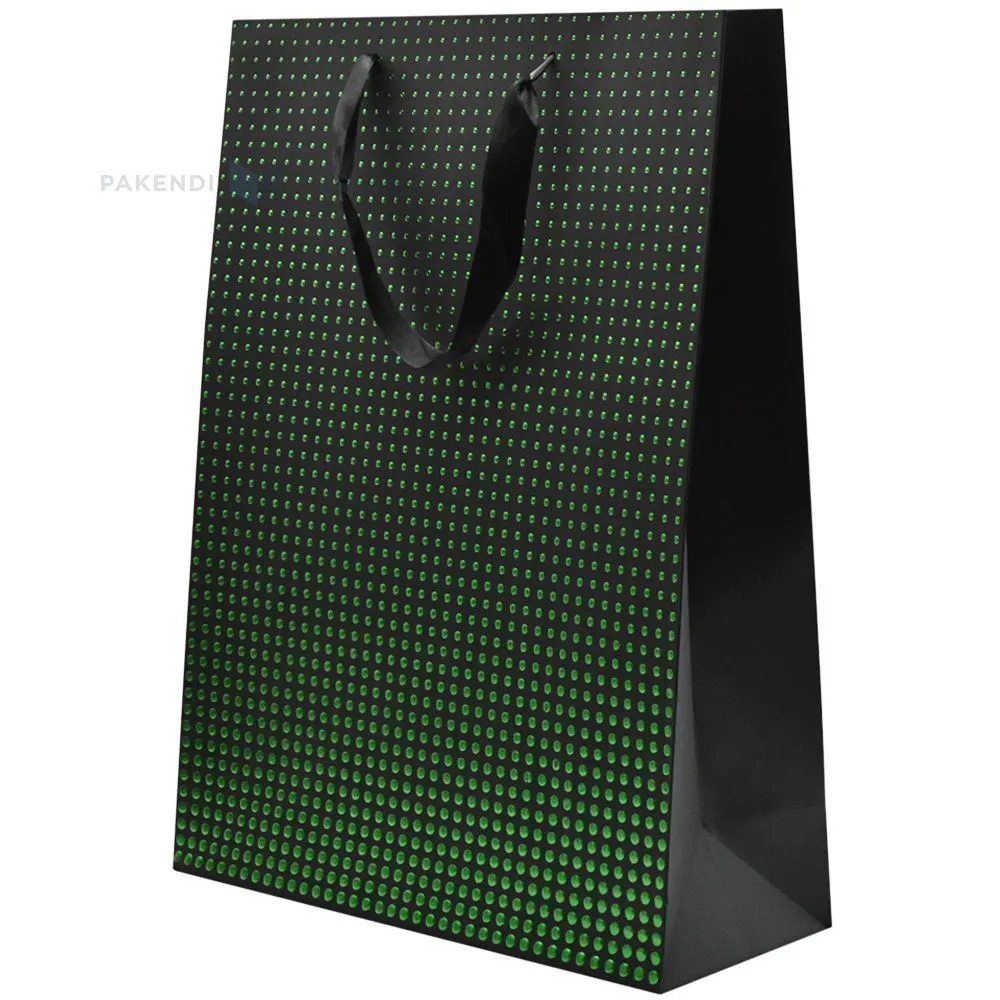 Green dots print black paper bag with ribbon handles 30+12x40cm