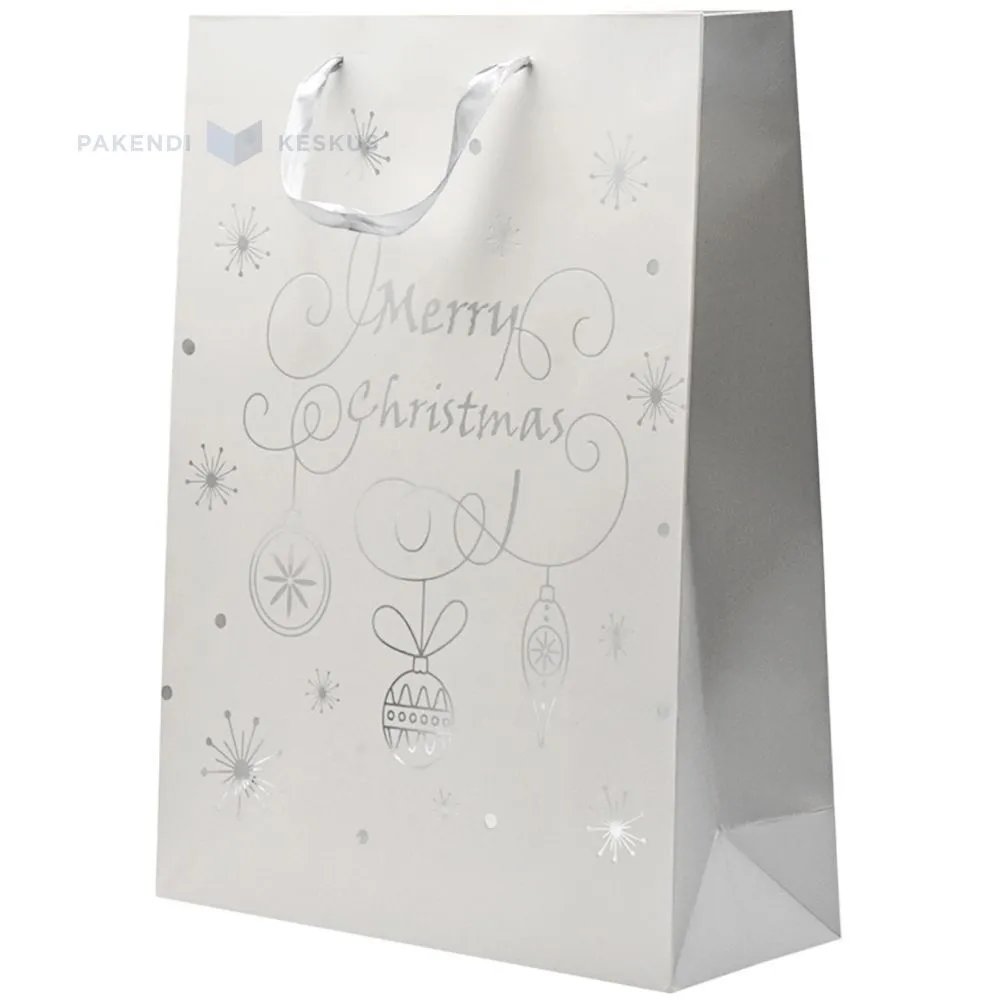 Silver Merry Christmas print white paper bag with ribbon handles 30+12x40cm
