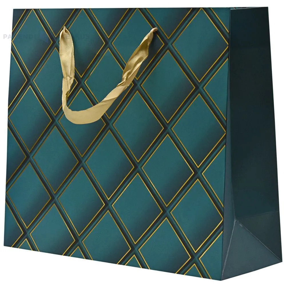 Bluish-green rhombus paper bag with ribbon handles 32+11x26cm