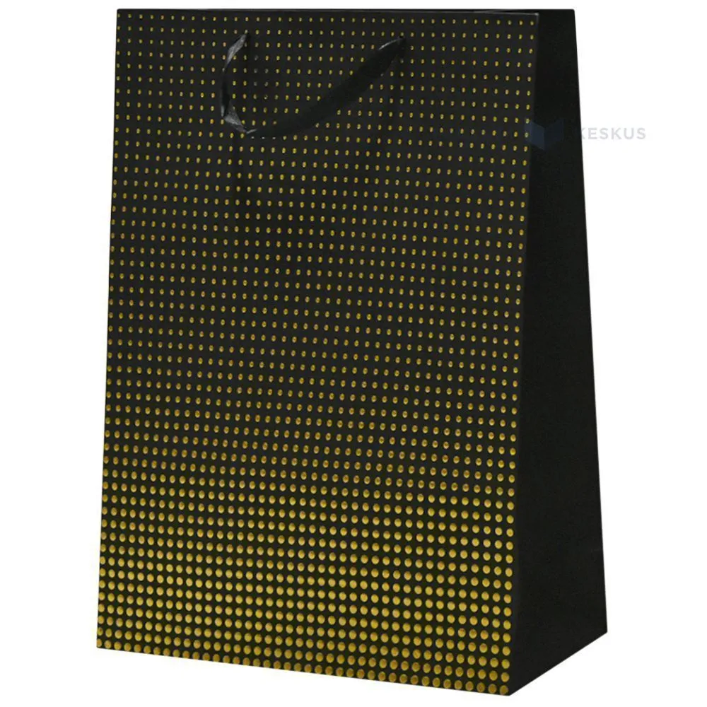 Golden dots print black paper bag with ribbon handles 40+15x50cm