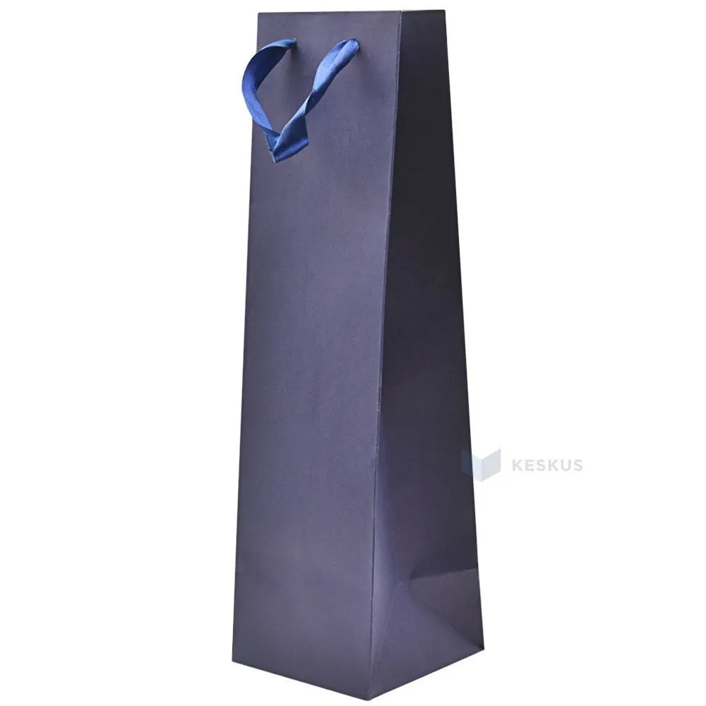 Dark blue paper bag with ribbon handles for wine 10,5+10,5x36cm