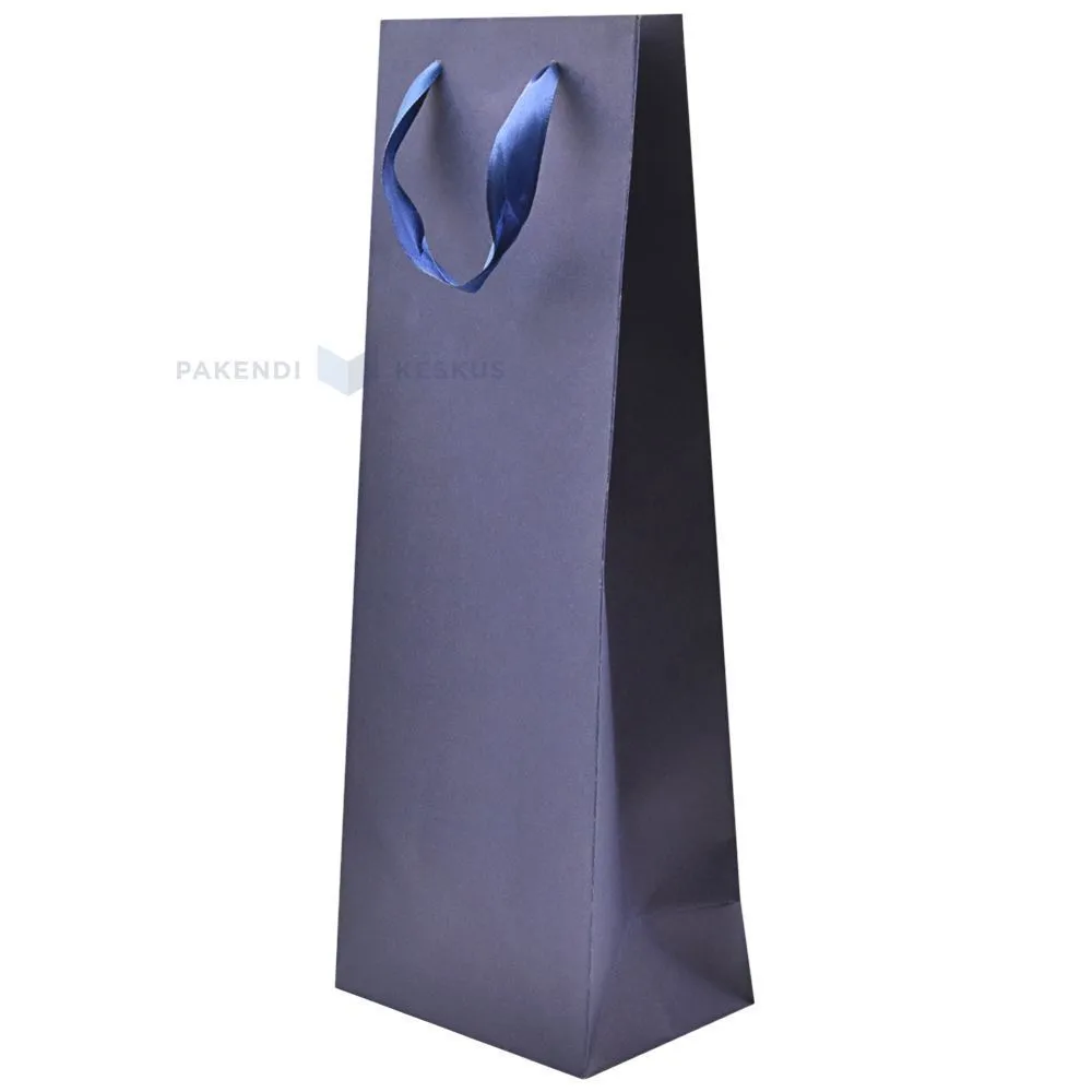 Dark blue paper bag with ribbon handles for wine 15+10x40cm