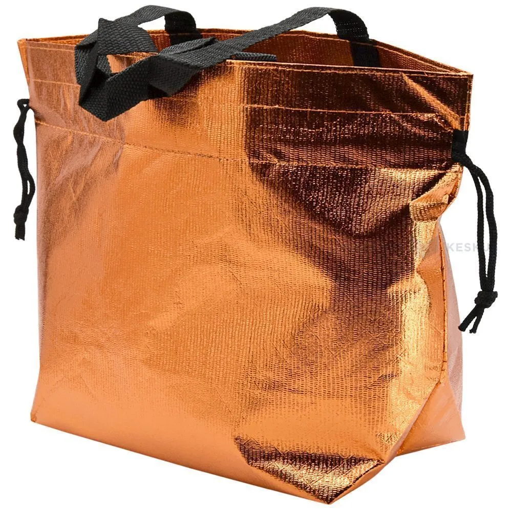 Metallic orange PP non-woven textile bag with drawstring handles 40+14x26cm