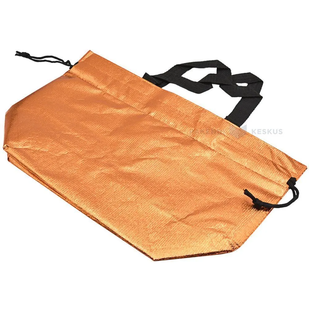 Metallic orange PP non-woven textile bag with drawstring handles 40+14x26cm