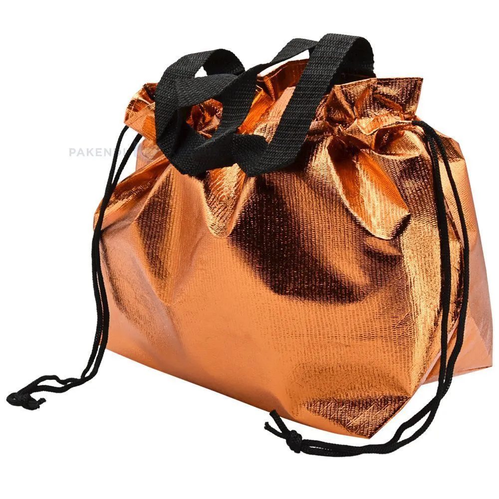 Metallic orange PP non-woven textile bag with drawstring handles 40+14x26cm