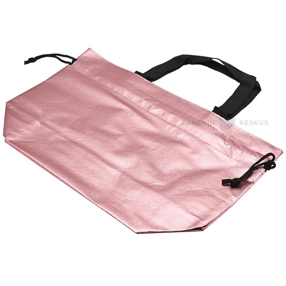 Metallic pink PP non-woven textile bag with drawstring handles 40+14x26cm