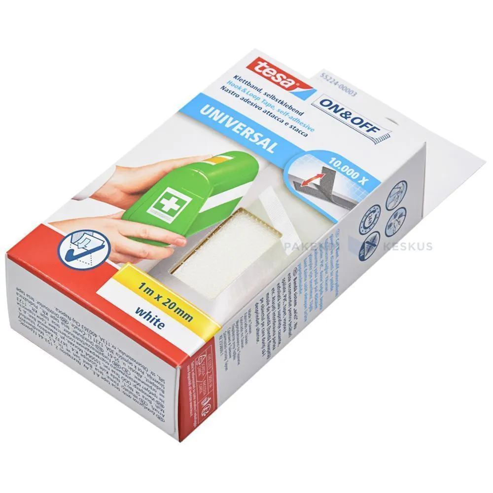 White velcro tape On&Off Tesa 55224 20mm wide, 1m/roll
