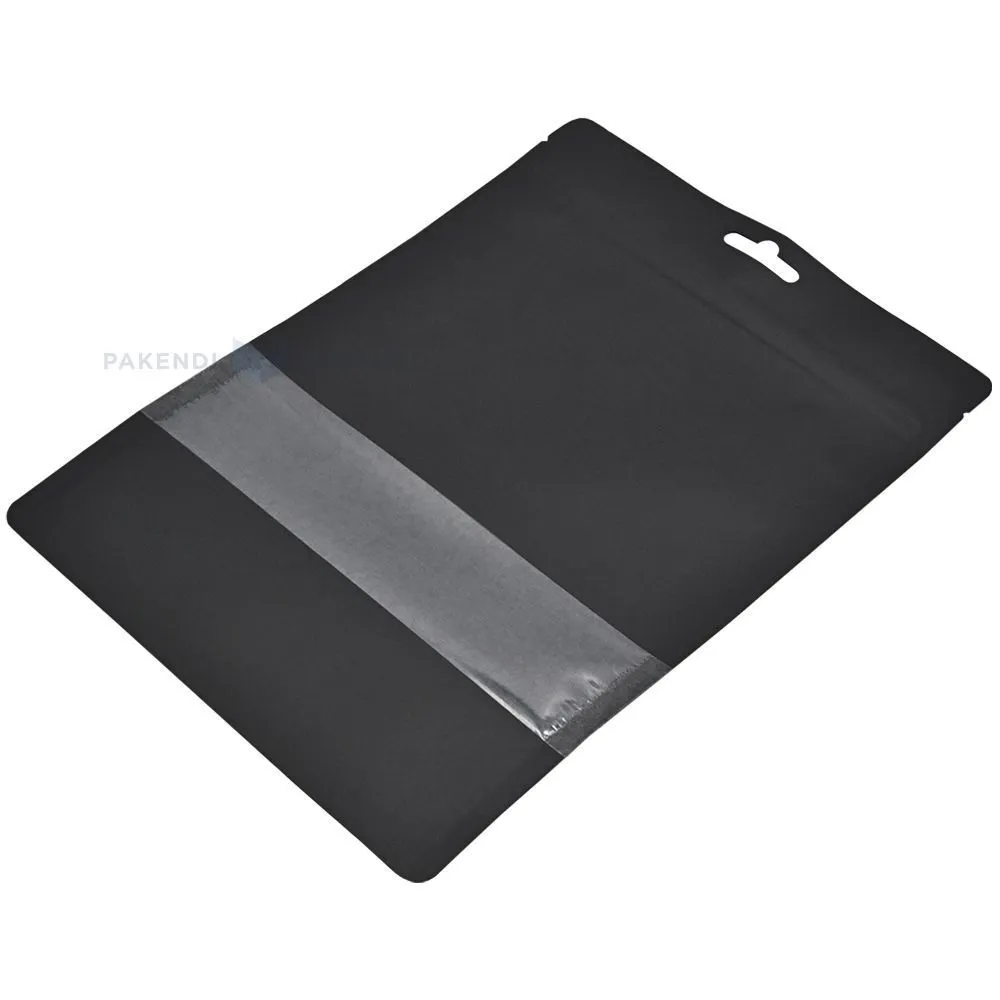 Matt must püstiseisev kott aknaga 19+(2x5,5)x23,5cm, pakis 50tk