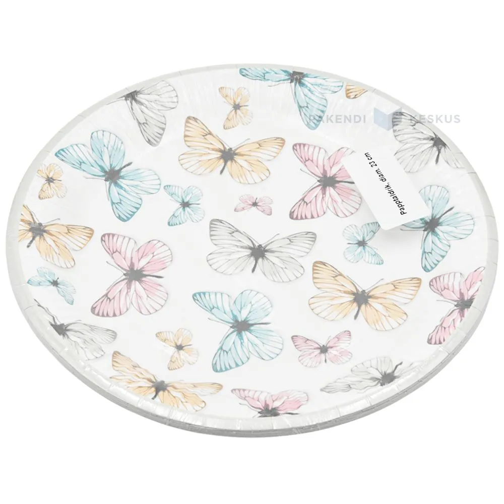 Valge papptaldrik erinevate liblikatega diameetriga 23cm, pakis 8tk