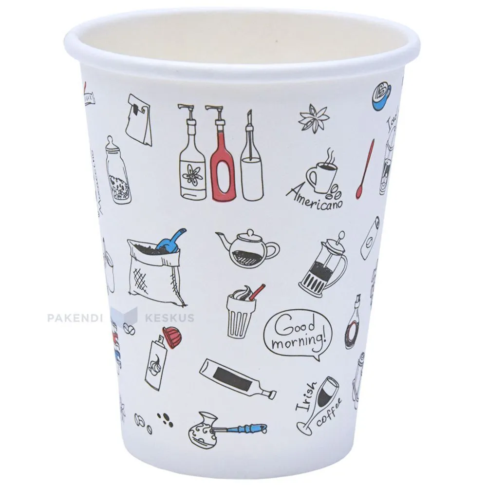 Valge pappkohvitops ''All about coffee'' 350ml, pakis 50tk