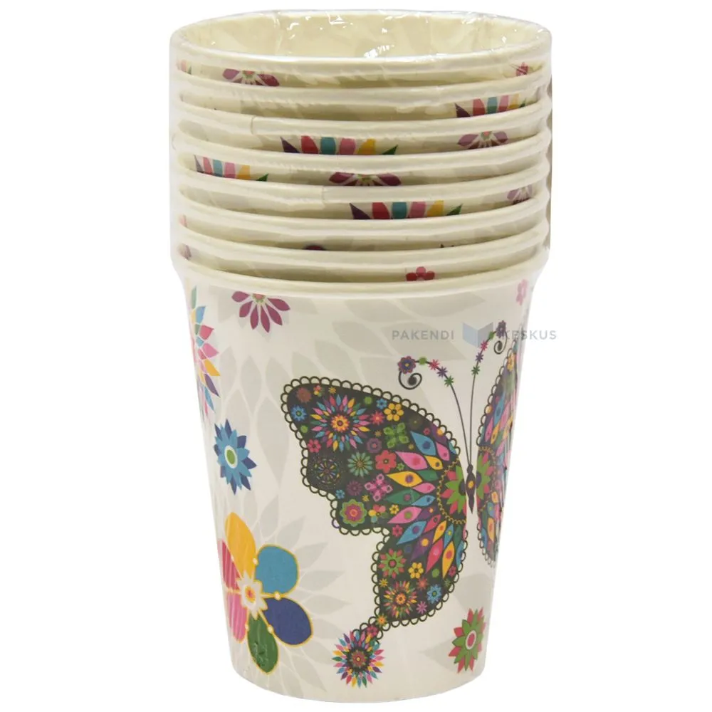 Pappkohvitops ''Liblikad'' 250ml, pakis 8tk