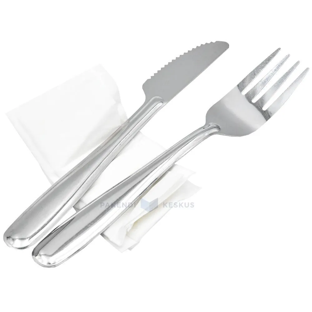 Reusable stainless steel cutlery set - fork, knife and paper towel