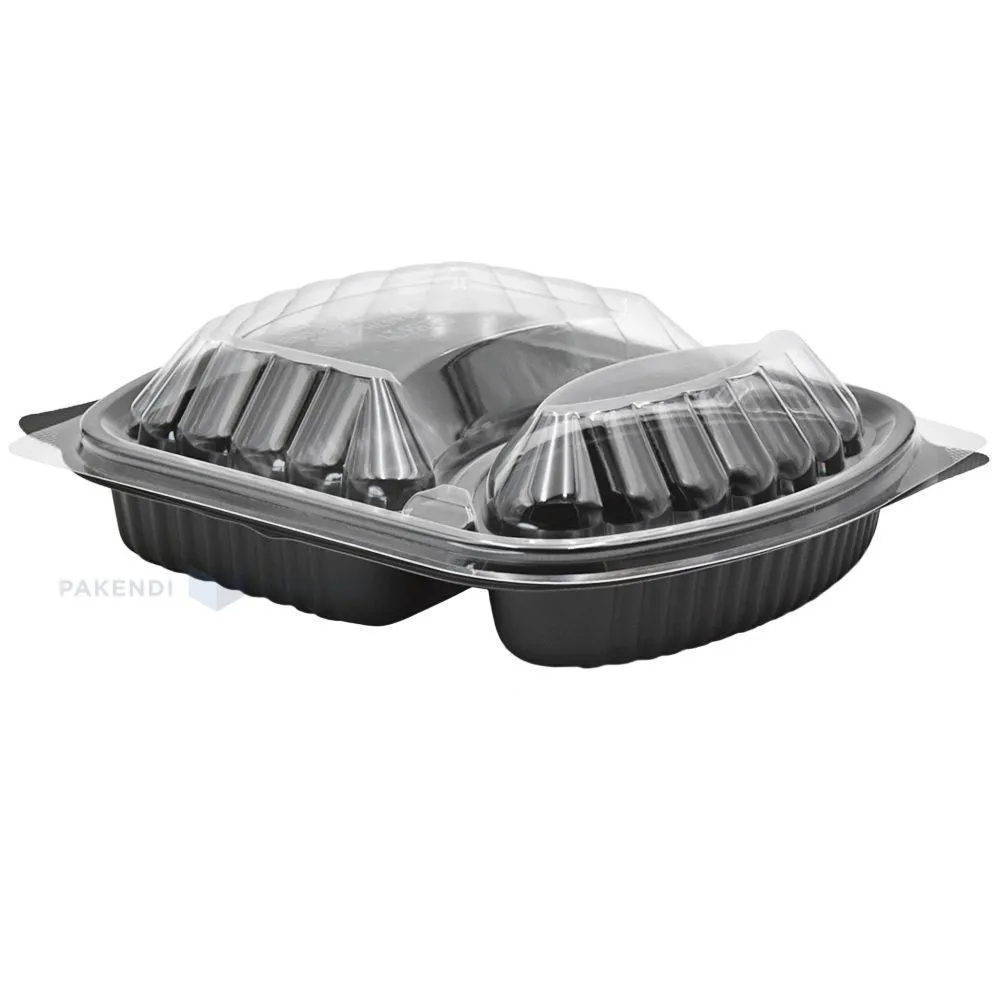 Black 2-compartment food tray with lid 238x203x38mm 625/298ml, 10pcs/pack