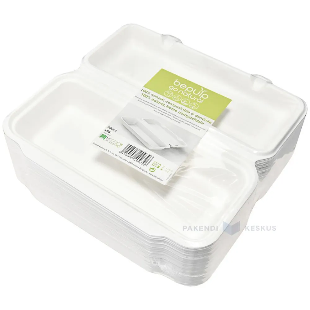 100% biolagunev/komposteeritav 1-osaline söögikarp kaanega 290x140x60mm 600ml, pakis 50tk