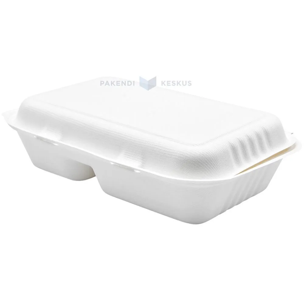 100% biodegradable/compostable 2-compartment food container 249x163x46/66mm, 50pcs/pack
