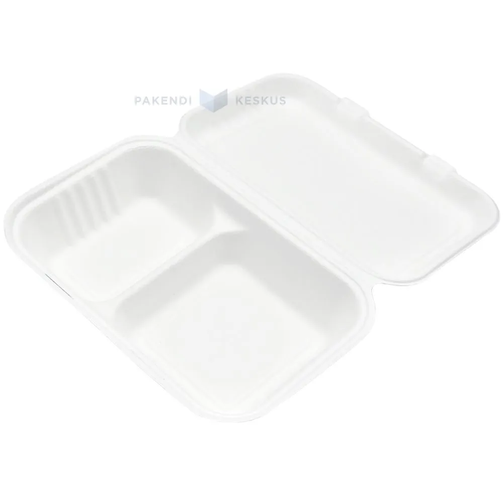 100% biodegradable/compostable 2-compartment food container 249x163x46/66mm, 50pcs/pack
