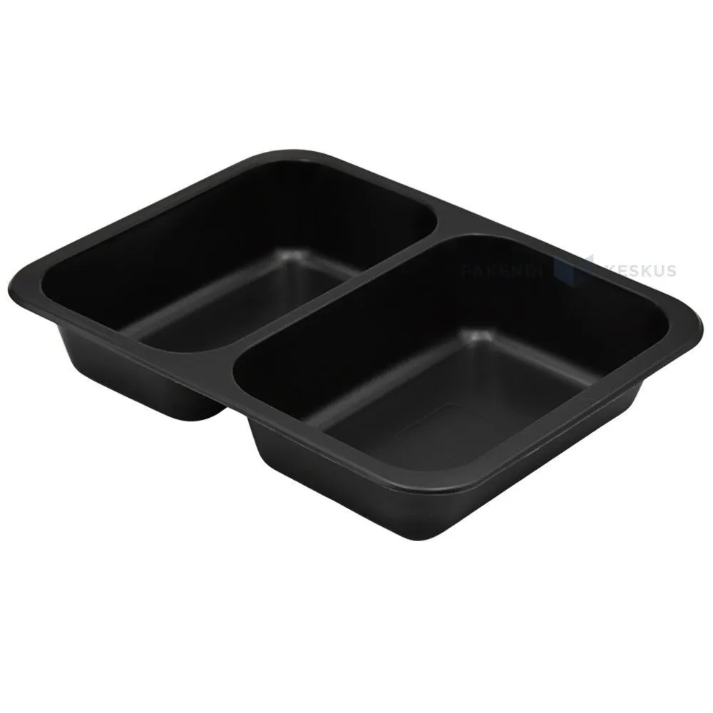 Black 2-compartment food tray 227x178x40mm, 50pcs/pack