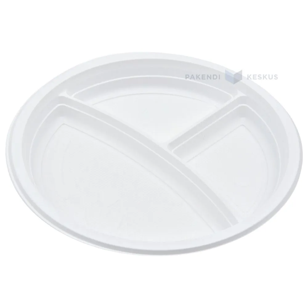 Reusable white plastic 3-compartment plate with arch separation 22cm PP 125x machine washable, 100pcs/pack