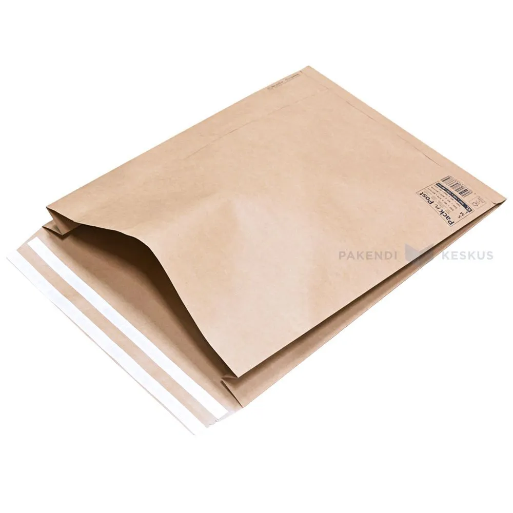 Paperipostipussi, 44+10x59+8cm, V-pohja, sivulaskokset, 2 teippinauhaa, rei'itetty, ruskea