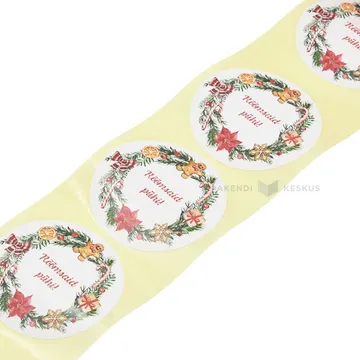 Valge kleebisetikett jõulupärg Rõõmsaid pühi! diameeter 57mm, rullis 50tk