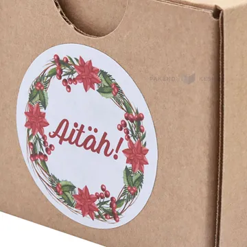 Valge jõulutähtedega pärjaga kleebisetikett Aitäh! diameeter 47mm, rullis 50tk