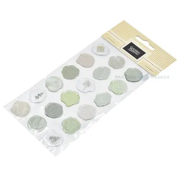 Different light-green stamp-shaped stickers diam. 20mm, 18pcs/pack