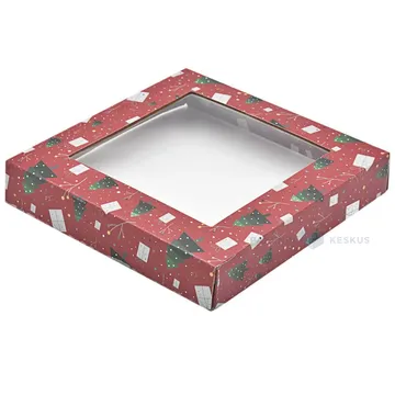Red trees and gifts print lid 190x190x35mm with window for mini corrugated carton box 190x190x80mm