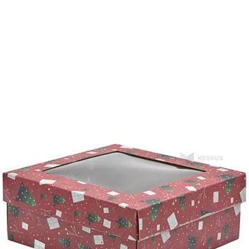 Red trees and gifts print lid 190x190x35mm with window for mini corrugated carton box 190x190x80mm