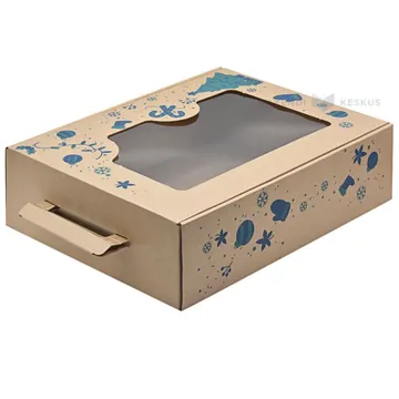 Christmas print corrugated carton box with handle and window 250x350x95mm