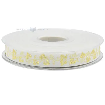 White with golden leaves velvet ribbon 15mm wide, 10m/roll