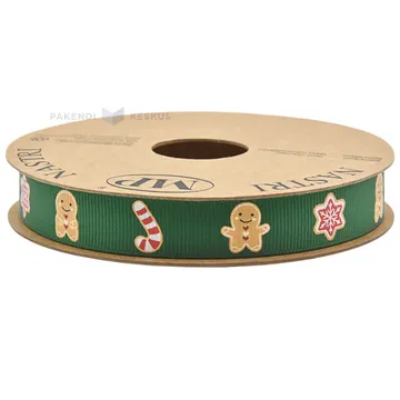 Green with ginger bread snowflake and candy ribbon 15mm wide, 15m/roll