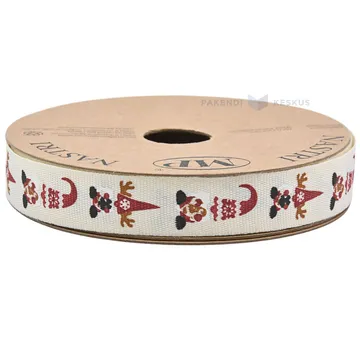 Natural white with elves print woven ribbon 15mm wide, 15m/roll