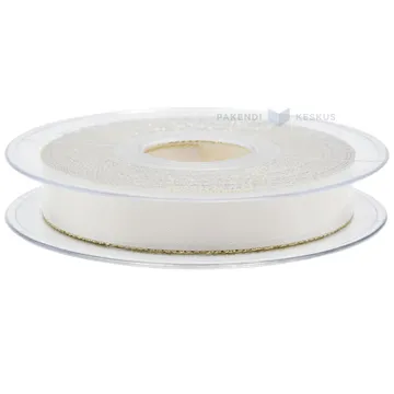 Beige with silvery edges satin ribbon 15mm wide, 20m/roll