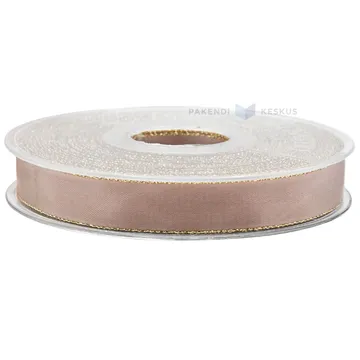 Light-pink with golden edges satin ribbon 15mm wide, 20m/roll
