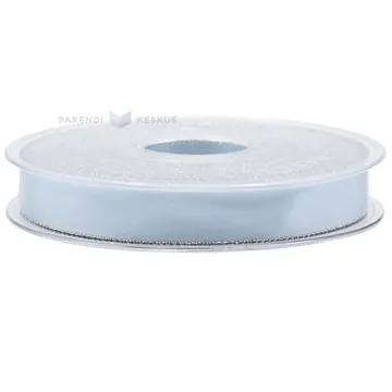 Light blue with silvery edges satin ribbon 15mm wide, 20m/roll