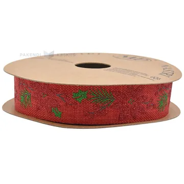 Red with poinsettia print polyester ribbon 21mm wide, 10m/roll