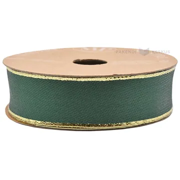 Green with golden edges satin double-sided ribbon 25mm wide, 10m/roll