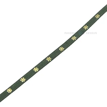 Green with golden snowflakes satin ribbon 4mm wide, 25m/roll
