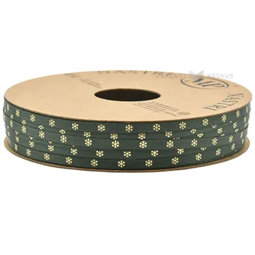 Green with golden snowflakes satin ribbon 4mm wide, 25m/roll