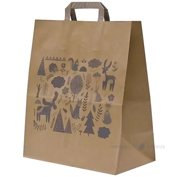 Forest print brown recycled paper bag with flat paper handles 32+17x38cm