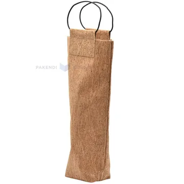 Natural shiny cork gift bag for wine with leather handles 9+7,5x34cm