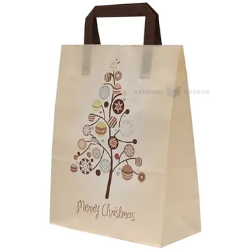 Tree print beige paper bag with flat paper handles 22+11x28cm